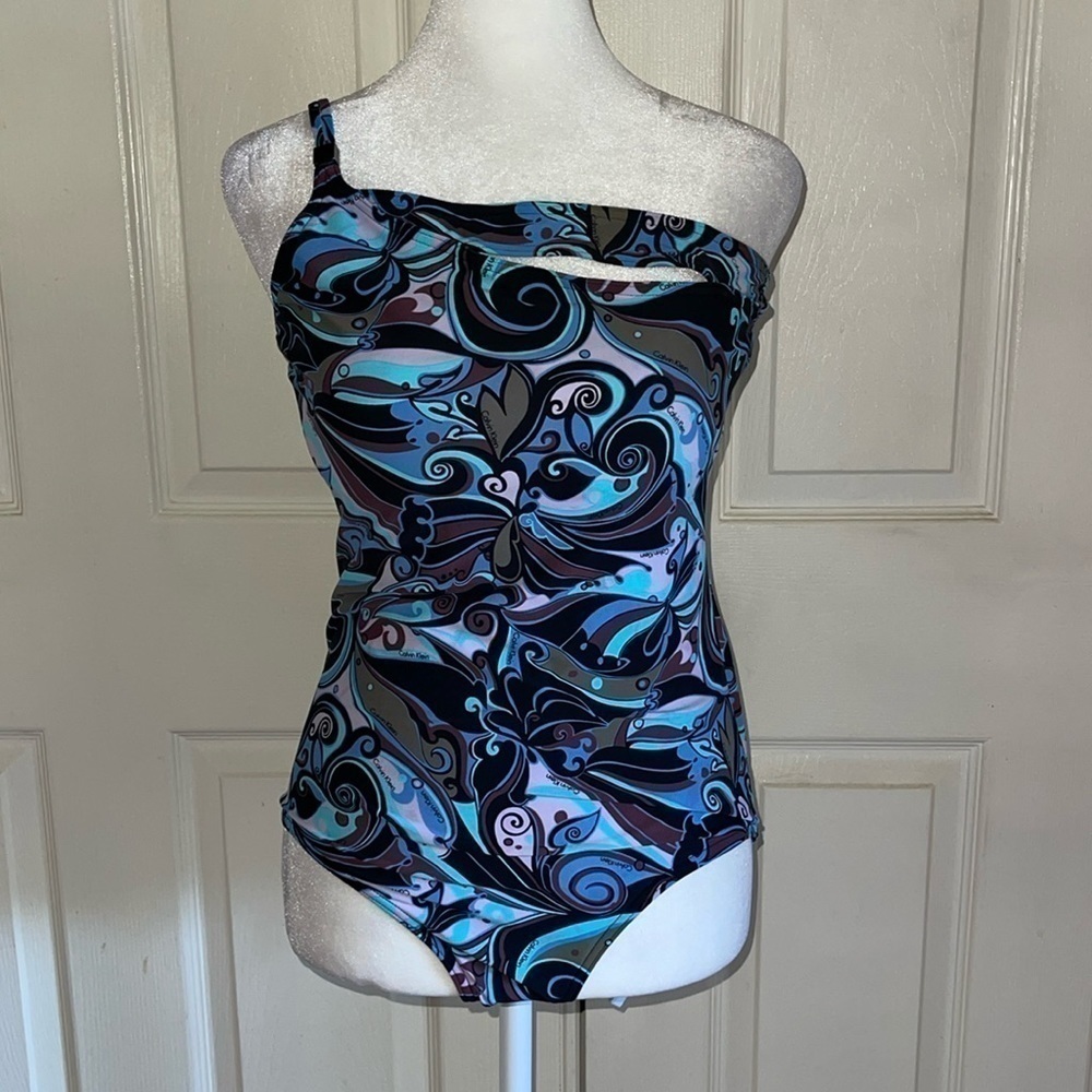 Calvin Klein Blue And Purple Print One Shoulder One Piece Swimsuit